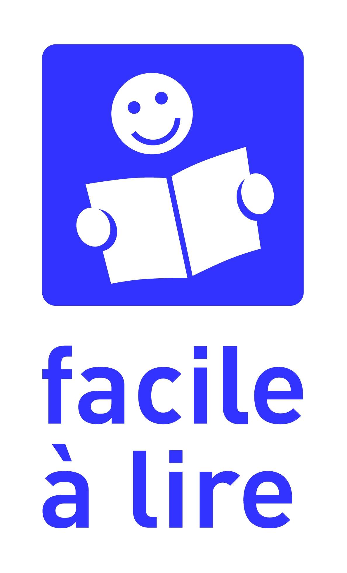 Logo du dispositif Facile à lire, qui consiste en un dessin schématique représentant une personne tenant un livre et souriant, au-dessus du texte "Facile à lire"
